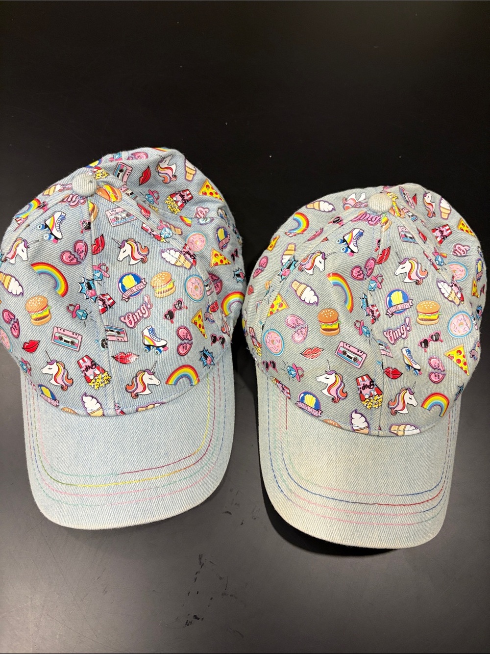 Claire's Light Denim Baseball Caps with Multicolored Icons (Pair)